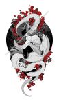  1boy 1other benkdjjituibot bisected black_hair border coat cocoon exposed_bone fleeing flower flower_request glint hands_on_own_knees highres kim_dokja leaving looking_at_another male_focus omniscient_reader&#039;s_viewpoint ornate_border outside_border partially_colored red_flower red_rose ribs rose sitting skeleton snake sparkle white_border white_coat 