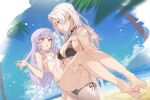  2girls bare_legs barefoot beach bikini black_bikini blue_sky breasts carrying carrying_person character_request cleavage commentary_request day feet hella_(path_to_nowhere) highres knees kumo_sheep long_hair multiple_girls ninety-nine_(path_to_nowhere) ocean open_mouth outdoors palm_tree princess_carry purple_eyes purple_hair sky smile standing swimsuit toes tree very_long_hair 