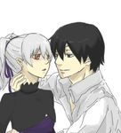  1boy 1girl black_eyes black_hair couple darker_than_black dress duo eye_contact grey_hair hair_ribbon hei incipient_kiss long_sleeves looking_at_another lowres maroon_eyes ponytail ribbon shirt shy simple_background smile white_background white_shirt yin 