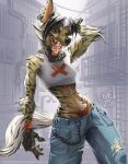 2025 5_fingers anthro biped black_hair bottomwear breasts claws clothed clothed_anthro clothed_female clothing digital_media_(artwork) ear_piercing female finger_claws fingers fivel front_view fur green_body green_fur hair handpaw hi_res hyena looking_at_viewer mammal markings open_mouth panties pants paws piercing solo spots spotted_body spotted_fur standing striped_body striped_fur stripes tail teeth tongue topwear underwear white_tail yellow_eyes
