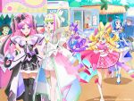  5girls ahoge aokaze_nana bare_arms bare_legs black_gloves black_hair black_socks blonde_hair blue_hair blunt_bangs boots bracelet braid brooch bubble_skirt collarbone cure_idol cure_kiss cure_kyunkyun cure_wink cure_zukyuun curled_horns curly_sidelocks dress earrings elbow_gloves festival food food_truck frilled_dress frilled_ribbon frilled_skirt frilled_sleeves frilled_wristband frills gingham_dress gloves gradient_hair green_hair hair_bun hair_extensions hair_ornament hair_ribbon hair_wings half_gloves half_up_bun heart heart-shaped_hair heart-shaped_lock heart_brooch heart_brooch_holder heart_hair_bun highres holding holding_food holding_ice_cream holding_lightstick holding_stick horns ice_cream idol_heart_brooch jewelry ketchup kimi_to_idol_precure knee_boots kneehighs long_hair meroron_(human_form) midriff_peek movie_poster multicolored_hair multiple_earrings multiple_girls musical_note musical_note_hair_ornament mustard_bottle official_art palm_tree parted_bangs pearl_earrings pink_hair plaid_clothes plaid_sleeves precure puffy_short_sleeves puffy_sleeves purirun_(human_form) purple_hair purple_streaks ribbon sakura_uta_(precure) shigure_kokoro shirt short_dress short_sleeves single_bare_leg single_bare_shoulder single_kneehigh single_sock skirt sleeveless socks stick strapless strapless_shirt tree turning_around twin_braids twintails very_long_hair white_gloves wing_hair_ornament wrist_cuffs 