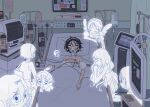  6+girls alien_stage angel_wings bed black_hair blanket blood blood_on_clothes coldmeow dark detached_sleeves dress hairband half-closed_eyes highres hospital hospital_bed indoors looking_at_another multiple_girls multiple_persona on_bed oxygen_mask pillow puffy_short_sleeves puffy_sleeves purple_eyes short_hair short_sleeves sua_(alien_stage) white_dress white_hairband wings 