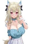  1girl animal_ear_fluff animal_ears bare_shoulders bespectacled black_bow blonde_hair blue_hair blush bow braid breasts cleavage commentary dog_ears dog_girl fuwawa_abyssgard fuwawa_abyssgard_(casual) glasses grey_shirt hair_bow hair_ornament highres hololive hololive_english inurock large_breasts long_hair looking_at_viewer multicolored_hair official_alternate_costume open_mouth plaid_clothes plaid_shirt red_eyes semi-rimless_eyewear shirt side_braids simple_background skirt solo streaked_hair upper_body virtual_youtuber white_background white_skirt x_hair_ornament 
