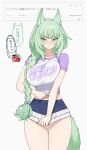  1girl allen.n alternate_costume animal_ear_fluff animal_ears arknights braid breasts casual cat_ears cat_girl cat_tail denim denim_skirt frilled_skirt frills green_eyes green_hair harmonie_(arknights) highres large_breasts long_hair looking_at_viewer shirt short_hair single_braid skirt solo t-shirt tail 