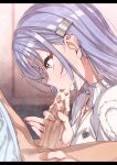  1boy 1girl blue_eyes blue_hair commentary_request cum cum_in_mouth cum_on_body erere facial fellatio hetero idolmaster idolmaster_shiny_colors letterboxed oral penis shirt suzuki_hana upper_body white_shirt 