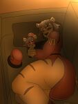anthro big_butt boots brown_hair butt clothed clothing eyes_closed eyeshadow felid feline female footwear furniture hair hat headgear headwear hi_res hug hugging_object hugging_plushie in_heat_(game) lying_on_sofa makeup mammal on_sofa pantherine photolol.03 plushie sammy_(in_heat) shoes shoulder_pads simple_background sleeping sofa solo thick_thighs tiger top_hat wide_hips