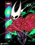 anthro arthropod big_breasts black_body breasts cloak clothing female hi_res hollow_knight hornet_(hollow_knight) mask red_cloak red_clothing sewing_needle solo stylized_background team_cherry th3gadfly wide_hips