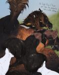 anatomically_correct anatomically_correct_genitalia anatomically_correct_penis animal_genitalia animal_penis anthro anthro_on_feral ball_fondling balls bestiality big_balls big_penis bodily_fluids bottom_pov breath bridle brown_body brown_fur brown_mane dialogue draft_horse dripping duo english_text equid equine equine_genitalia equine_penis erection feathering feral fondling freckled_balls freckles fur genital_fluids genitals grass hair hi_res hooves horse looking_at_viewer male male_feral mammal mane mauro_skyles medial_ring mottled mottled_genitalia mottled_penis noz_orlok outside panting penis plant precum precum_drip precum_on_penis quadruped reins saddle saggy_balls scarlanya sergal sheath simple_background solo sweat sweaty_balls sweaty_body sweaty_genitalia tail teasing text unguligrade vein veiny_penis yellow_eyes