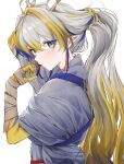  1girl absurdres arknights arm_wrap blonde_hair blue_hair colored_skin dragon_girl dragon_horns earrings from_side gradient_hair grey_hair highres horns jewelry kei11525 long_hair looking_at_viewer mouth_hold multicolored_hair shu_(arknights) simple_background solo streaked_hair sweat tassel tassel_earrings upper_body very_long_hair white_background yellow_skin 