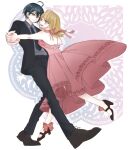  1boy 1girl ahoge akamatsu_kaede alternate_costume black_suit blonde_hair blush collared_shirt commentary_request dancing danganronpa_(series) danganronpa_v3:_killing_harmony dress eyelashes from_side hair_between_eyes happy hetero high_heels holding_hands jacket long_hair long_sleeves looking_at_viewer medium_hair musical_note musical_note_print neck_ribbon necktie open_mouth pink_dress pink_ribbon purple_eyes ribbon rin_07070 saihara_shuichi shirt short_hair smile suit white_background yellow_eyes 