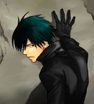  1boy black_eyes black_gloves black_hair black_jacket darker_than_black gloves hei jacket leaning looking_at_viewer male male_focus over_shoulder solo wall 