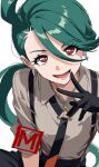  1girl :d ahoge black_gloves black_necktie black_pants bright_pupils collared_shirt commentary_request earrings eyelashes gloves green_hair hair_between_eyes hand_up highres jewelry long_hair looking_at_viewer looking_up lower_teeth_only m-eiji necktie open_mouth pants pokemon pokemon_sv red_eyes rika_(pokemon) shirt smile solo suspenders teeth tongue white_background white_pupils 