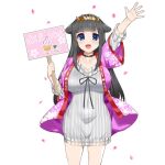  1girl black_choker black_hair blue_eyes breasts choker cow_girl cow_horns dress gold_tiara haori holding_board horns japanese_clothes kusaka_souji large_breasts long_hair miru_holstein open_mouth pink_haori single_vertical_stripe uchi_no_hime-sama_ga_ichiban_kawaii white_dress 