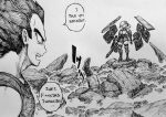  1boy 1girl absurdres breasts censored_profanity chronozbergh commentary dragon_ball english_commentary english_text girls&#039;_frontline girls&#039;_frontline_2:_exilium greyscale gun highres holding holding_gun holding_weapon large_breasts metal_gear_(series) metal_gear_rising:_revengeance monochrome open_mouth pleated_skirt rock sabrina_(girls&#039;_frontline_2) shield skirt son_goku spas-12_(girls&#039;_frontline) spiked_hair standing traditional_media vegeta weapon 