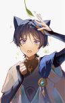  1boy animal_ears aqua_gemstone arm_up black_bodysuit black_bridal_gauntlets black_hair blue_cape blue_kimono blue_sleeves blunt_ends blurry bodysuit bridal_gauntlets cape cat_boy cat_ears clenched_hand depth_of_field feathers furisode gem genshin_impact gold gold_ring hand_up highres japanese_clothes juban kimono layered_sleeves light_blush looking_at_object looking_up male_focus mandarin_collar middle_ring nero_hanken open_clothes open_hand open_kimono open_mouth pom_pom_(clothes) purple_eyes scaramouche_(genshin_impact) short_sleeves solo teeth two-sided_sleeves upper_body upper_teeth_only wanderer_(genshin_impact) watermark white_background white_kimono white_sleeves wispy_bangs yellow_feathers 