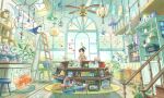  1girl air_bubble animal_on_head antique_phone apron arm_on_table balcony ball banner basket bench bird bird_on_head book bowl box bubble cabinet camera candle candlestand candy ceiling_fan ceiling_light closed_mouth coffee_mug collared_shirt commentary_request cup day dial doll doll_house drawer drawstring elbow_rest english_commentary fantasy fern fish flying_fish food glass glass_jar globe green_bird green_eyes grey_eyes grey_hair hanging_light highres indoors jar ladder lamp lollipop looking_at_viewer mirror mobile mug on_head open_drawer orange_apron original painting_(object) parchment parrot phone phonograph photo_(object) pillow plaid_tablecloth plant plate postcard potted_plant radio radio_antenna railing rotary_phone rubber_duck rug school_of_fish shelf shirt shop short_hair short_sleeves sign smile solo stained_glass stairs stool straight-on tablecloth tape teapot toti_(lanaq) transparent transparent_animal tree vase very_wide_shot vinyl_record window wooden_floor wooden_railing wooden_stairs wristband 