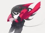  black_hair breath copyright_request grey_background headphones kazuoki long_hair looking_at_viewer red_eyes red_scarf scarf solo upper_body 