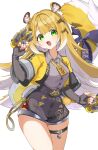  1girl :d absurdres animal_ears bell black_shorts blonde_hair bow breasts colored_inner_hair commentary_request cowboy_shot fingerless_gloves gloves green_eyes grey_shirt highres holding holding_weapon ju_fufu long_hair looking_at_viewer multicolored_hair open_mouth shirt shorts smile solo standing striped_hair sy_(syy_gv) tail tail_bow tail_ornament thigh_strap tiger_ears tiger_girl tiger_stripes tiger_tail weapon zenless_zone_zero 