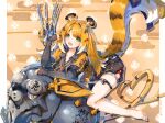  1girl animal_ear_fluff animal_ears barefoot black_gloves bow claw_(weapon) collared_shirt elbow_gloves fingerless_gloves gloves green_eyes grey_shirt heart heart_tail high-waist_shorts highres jacket ju_fufu kyouko_kasa long_hair orange_fur shirt shorts smile striped_fur tail tail_bow tail_ornament thigh_strap tiger_ears tiger_girl tiger_stripes tiger_tail weapon yellow_jacket zenless_zone_zero 