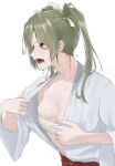  1girl absurdres breasts budget_sarashi chest_sarashi green_hair hair_ribbon hakama hakama_skirt highres japanese_clothes kantai_collection long_hair medium_breasts pointing pointing_at_self ribbon sarashi shushan skirt solo sweatdrop twintails zuikaku_(kancolle) 