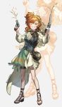  1girl blue_vest brown_sandals crucible dual_wielding full_body green_hairband grey_background grin gun hairband hands_up hat hat_on_back highres holding holding_gun holding_weapon holster legs_apart looking_at_viewer lopera_(reverse:1999) miniskirt mossi_(mossi0816) one_eye_closed orange_eyes orange_hair reverse:1999 revolver sandals shirt shoulder_holster side_ponytail skirt smile solo standing straw_hat streamers teeth twitter_username vest weapon white_shirt white_skirt zoom_layer 