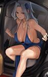  1girl absurdres black_bag blue_dress blue_flower blue_rose breasts car cleavage commission dress earclip evening_gown feet_out_of_frame flower goback grey_hair grin hair_flower hair_intakes hair_ornament highres huge_breasts jewelry light_blush long_hair looking_to_the_side motor_vehicle necklace original pelvic_curtain pixiv_commission plunging_neckline purple_eyes rose shade shiny_skin sideboob sideless_dress sidelocks sitting smile solo thigh_strap 