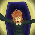  1boy absurdres attack black_eyes black_suit coffin emphasis_lines fangs gakuran glasses highres jazieofficial long_hair male_focus otaku pov randal&#039;s_friends randal_ivory rectangular_eyewear red_hair school_uniform solo suit taker_pov teeth tongue tongue_out yellow_background 