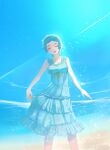  1girl aqua_dress aqua_hair blue_sky blush bow closed_eyes dress frilled_dress frills guririries open_mouth outdoors persona persona_3 ribbon short_hair sky sleeveless sleeveless_dress smile solo standing yamagishi_fuuka 