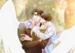 2boys arm_around_neck black_coat black_hair black_necktie blurry blurry_background coat collared_shirt crossed_arms curtained_hair expressionless feathered_wings grabbing_another&#039;s_chin half-closed_eye hand_on_another&#039;s_chin hand_on_another&#039;s_face hand_on_another&#039;s_shoulder highres hug hug_from_behind imminent_kiss implied_yaoi kim_dokja lens_flare light_particles looking_at_another multiple_boys necktie omniscient_reader&#039;s_viewpoint raya_(000_unseen) shirt short_hair side-eyed white_coat white_shirt white_wings wings yoo_joonghyuk 