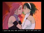  2girls alien_stage black_gloves black_hair black_sleeves closed_eyes commentary detached_sleeves dress earrings english_commentary english_text gloves hairband hands_on_another&#039;s_neck jewelry long_hair mizi_(alien_stage) motii multiple_girls orange_background parted_lips pink_hair procreate_(medium) short_hair short_sleeves signature sleeveless sleeveless_dress sua_(alien_stage) white_gloves white_hairband yellow_eyes 