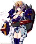 1girl armor bangs bare_shoulders blonde_hair blue_eyes blush breasts collarbone cropped_legs ground_gundam gundam gundam_08th_ms_team hair_between_eyes japanese looking_at_viewer personification simple_background solo text thigh_gap thighhighs translation_request web_address white_background 