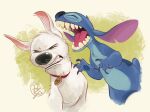 2025 aerosaur83 alien anthro black_nose blue_body blue_fur bolt_(bolt) bolt_(film) canid canine canis claws collar disney domestic_dog duo experiment_(lilo_and_stitch) feral fur hi_res lilo_and_stitch male mammal screaming simple_background stitch_(lilo_and_stitch) teeth white_body white_fur