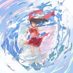  1girl absurdres ascot between_fingers bow brown_hair commentary detached_sleeves frilled_bow frilled_hair_tubes frilled_skirt frills full_body hair_bow hair_tubes hakurei_reimu highres holding kneehighs kurukuru1202kr long_hair looking_at_viewer magic_circle midriff navel ofuda ofuda_between_fingers red_bow red_eyes red_skirt ribbon-trimmed_sleeves ribbon_trim sandals skirt skirt_set socks solo touhou white_socks yellow_ascot 