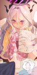  1boy 1girl absurdres ahoge black_halo blue_archive blush demon demon_girl demon_horns demon_wings doodle_sensei_(blue_archive) halo highres hina_(blue_archive) hina_(pajamas)_(blue_archive) holding horns hugging_object indoors jacket long_hair looking_at_viewer on_bed pillow pillow_hug purple_eyes sensei_(blue_archive) syuje tears white_hair wings yellow_jacket 