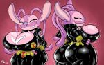 2025 alien ameizinglewds angel_(lilo_and_stitch) antennae_(anatomy) anthro big_breasts big_butt black_eyes black_widow_(marvel) breast_markings breasts butt claws clothed clothing cosplay crossover crossover_cosplay cute_fangs disney ear_markings experiment_(lilo_and_stitch) eyelashes fangs female finger_claws fingers hi_res lilo_and_stitch long_antennae looking_at_viewer markings marvel narrowed_eyes pink_body purple_markings purple_nose small_tail smile solo tail teeth white_markings