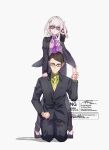  1boy 1girl aoi_tete artist_logo black_hair black_jacket black_pants black_shoes blunt_bangs bob_cut breasts business_suit closed_eyes finger_gun glasses hair_ornament hairpin hand_on_another&#039;s_shoulder high_heels highres idol jacket kimi_to_idol_precure logo long_sleeves looking_at_viewer manager mature_female mature_male multiple_hairpins musical_note musical_note_print necktie pants parted_bangs precure purirun_(human_form) purple_shirt salaryman seiza shirt shoes short_hair signature sitting standing suit sunglasses tanaka_(precure) v very_short_hair watermark white_background 