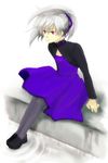  1girl darker_than_black dress female grey_hair hair_ribbon long_sleeves maroon_eyes ponytail purple_dress purple_ribbon ribbon ripples sitting solo water wind yin 