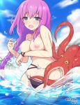  1girl absurdres artist_name bikini black_bikini braid breasts eris_(princess_connect!) eris_(summer)_(princess_connect!) grey_eyes highres kuroha_koudai large_breasts long_hair low-braided_long_hair low-tied_long_hair navel nipples octopus open_mouth princess_connect! purple_hair single_braid swimsuit teardrop_necklace topless_female wading water 
