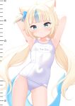  1girl absurdres adda animal_ears arms_up blonde_hair blue_eyes blue_streaks breasts cat_ears commentary covered_navel fins fish_tail highres indie_virtual_youtuber one-piece_swimsuit sameko_saba school_swimsuit small_breasts solo swimsuit tail twintails virtual_youtuber white_one-piece_swimsuit 