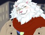  1boy animal_ears blush brown_coat closed_mouth coat commentary_request furry furry_male irurahiko lion_boy lion_ears lion_mane looking_at_viewer male_focus monocle night night_sky red_scarf scarf sky smile snow_(housamo) star_(sky) tokyo_afterschool_summoners upper_body whiskers 