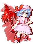  1girl blue_eyes blue_hair blush_stickers bow chibi closed_mouth collared_shirt fang fang_out frilled_skirt frills full_body hat hat_bow highres holding holding_polearm holding_weapon light_smile medium_hair mikadukimo mob_cap pink_hat pink_shirt pink_shoes pink_skirt polearm puffy_short_sleeves puffy_sleeves red_bow red_ribbon remilia_scarlet ribbon ribbon-trimmed_headwear ribbon-trimmed_shirt ribbon_trim shirt shoes short_sleeves simple_background skirt sleeve_ribbon solo spear_the_gungnir touhou v-shaped_eyebrows weapon white_background 
