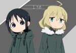  2girls absurdres ahoge black_eyes black_hair blonde_hair blue_eyes blush chito_(shoujo_shuumatsu_ryokou) closed_mouth fur-trimmed_jacket fur_trim green_jacket height_difference highres jacket long_hair low_twintails multiple_girls nagi_(tmitu-n) shoujo_shuumatsu_ryokou tareme twintails upper_body yuuri_(shoujo_shuumatsu_ryokou) zipper_pull_tab 