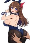  1boy 1girl animal_ears back bare_shoulders black_pantyhose blue_leotard blush breasts brown_hair commentary_request detached_collar fake_animal_ears grabbing_another&#039;s_ass groping hair_between_eyes hair_ornament hetero highres hololive large_breasts leotard long_hair looking_at_viewer open_mouth pantyhose playboy_bunny purple_eyes rabbit_tail sakanaya_(sakanaya952) sideboob sidelocks simple_background star_(symbol) star_hair_ornament tail tokino_sora virtual_youtuber wavy_mouth white_background white_wrist_cuffs wrist_cuffs 