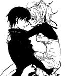  couple darker_than_black eye_contact hei hug incipient_kiss looking_at_another lowres monochrome sketch yin 