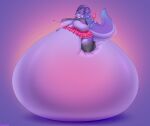 5_fingers adamziet anthro big_breasts black_nose bottomwear breasts canid canine canis clothed clothing female fingers food fur hair hi_res holding_object hyper hyper_inflation immobile inflation inner_ear_fluff leggings legwear mammal nipple_slip nipples pink_tongue popsicle purple_body purple_fur purple_hair purple_inner_ear_fluff purple_nipples shaded shirt skirt solo tail tail_over_skirt tongue tongue_out topwear tuft under_boob wolf