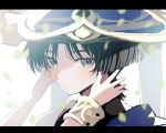  1boy arms_up black_bodysuit black_hair blue_hat blunt_ends blurry bodysuit bracelet choppy_bangs closed_mouth depth_of_field disembodied_hand eyelashes eyeliner eyeshadow falling_leaves fingernails genshin_impact gold grey_eyes hat highres hirarinoie japanese_clothes jewelry jingasa kimono leaf looking_at_viewer makeup male_focus nahida_(genshin_impact) open_hands outstretched_arms portrait reaching reaching_towards_another red_eyeliner red_eyeshadow scaramouche_(genshin_impact) shoulder_peek sidelighting sketch tsurime wanderer_(genshin_impact) white_background white_kimono 