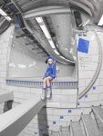  1girl absurdres airfish_(lefko_d) backpack bag blue_skirt boots cable fisheye highres hood hood_up legs_together long_sleeves original reflective_wall scenery sitting skirt solo stairs tile_wall tiles white_boots white_hair wide_shot writing_on_wall 