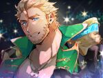  1boy absurdres adam&#039;s_apple bara black_gloves blonde_hair blue_eyes coat commentary_request facial_hair gloves green_coat grin hagiography highres jewelry live_a_hero looking_at_viewer male_focus mature_male mustache necklace roudin short_hair smile star_(symbol) 