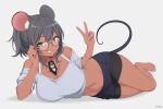  2girls absurdres animal_ears bare_shoulders barefoot between_breasts black_hair black_pantyhose black_shirt blue_eyes blue_hair bra breasts cat_ears cat_girl closed_mouth collarbone_peek dark-skinned_female dark_skin facing_viewer feet full_body glasses green_eyes grey_hair grey_shirt hair_between_eyes heterochromia highres looking_at_viewer lying mouse_ears mouse_girl mouse_tail multiple_girls navel on_side open_mouth orange_eyes original pantyhose pantyhose_under_shorts parted_bangs round_eyewear shirt short_shorts shorts shrinking smile stayaliveplz swept_bangs tail teeth thighs underwear v white_background white_bra 