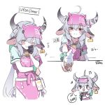  +++ 1girl ^_^ absurdres ahoge animal_ears apron artist_name bandaged_horn beamed_eighth_notes bell belt black_gloves blush_stickers bow character_age character_name chibi chibi_inset clenched_teeth closed_eyes clothes_writing commentary cow_ears cow_girl cow_horns curled_horns dotted_line ear_tag eighth_note elbow_rest english_text fake_horns floppy_ears food giggling gloves green_bow green_scrunchie grey_hair grey_horns grin hair_bow hand_on_own_elbow hashtag-only_commentary headwear_writing highres holding holding_food holding_ice_cream holding_ice_cream_cone holding_microphone horned_headwear horns ice_cream ice_cream_cone incoming_food long_hair looking_at_viewer low_ponytail microphone multiple_views musical_note neck_bell outstretched_arm pelvic_curtain pink_apron ponytail profanity red_eyes ribbon scrunchie shirt short_sleeves side_slit simple_background single_glove smile soft_serve speech_bubble strap_slip symbol-only_commentary teeth uyoo_(vrchat) visor_cap vrchat waitress white_background white_belt white_ribbon wrist_scrunchie yutokamizu 